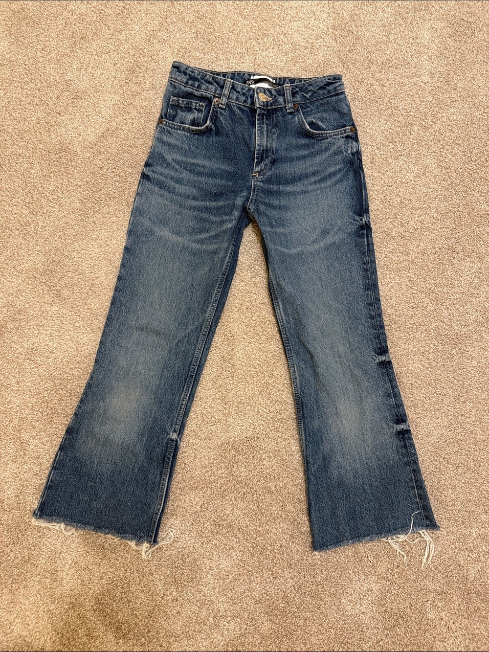 Zara Dark Blue Flared Raw-Hem Jeans